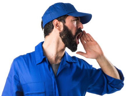 Angry plumber shoutingの写真素材