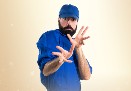 Plumber doing surprise gestureの写真素材