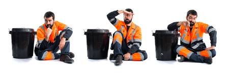 Garbage man making smelling bad gesture
