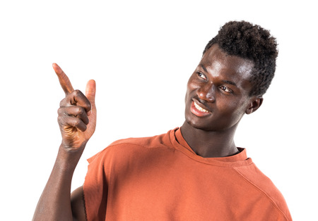 Happy black man thinkingの写真素材