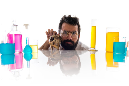 Crazy scientist man with skull