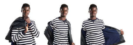 Handsome black man with leather jacketの写真素材