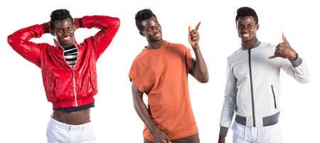 Happy black man thinkingの写真素材