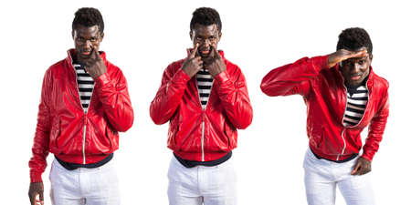 Handsome black man showing somethingの写真素材