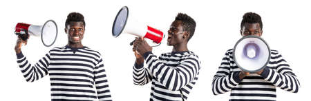 Black man shouting by megaphoneの写真素材