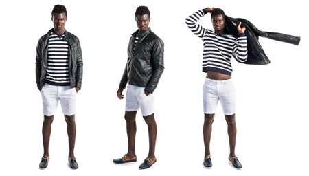 Handsome black man with leather jacketの写真素材