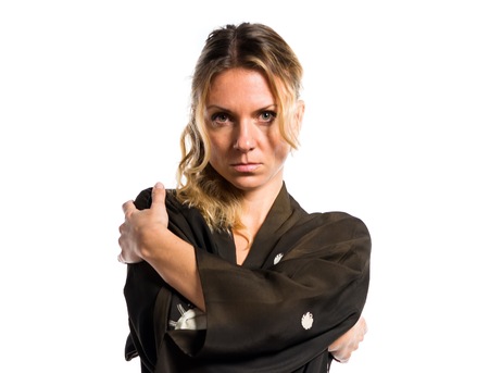 Blonde woman dressed with asian dressの写真素材