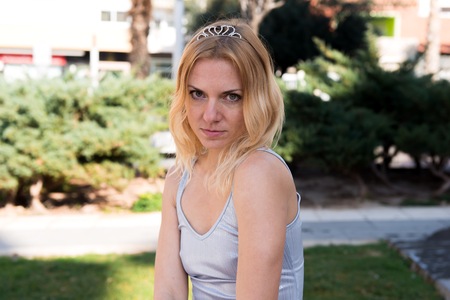 Pretty blonde woman outdoorsの写真素材