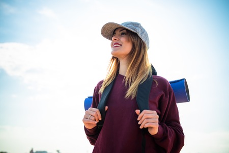 Backpacker pretty girlの写真素材