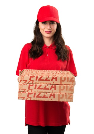 Happy pizza delivery womanの写真素材