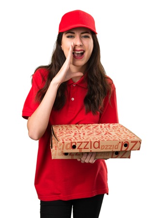 Pizza delivery woman shoutingの写真素材