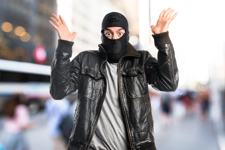 Robber doing surprise gestureの写真素材
