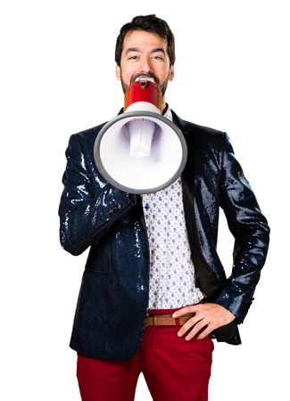 Man with jacket shouting by megaphoneの写真素材