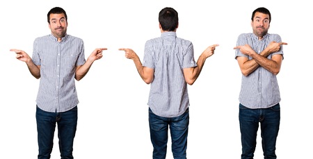 Set of Handsome man pointing to the laterals having doubts