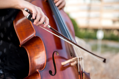 Detail of girl with her cello on the outsideの写真素材