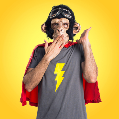 Superhero monkey man doing surprise gestureの写真素材