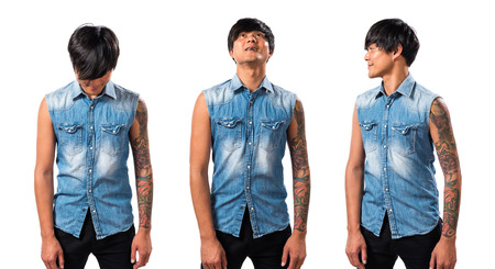 Asian handsome man looking upの写真素材