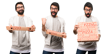 Set of Happy Hipster man with pizzaの写真素材