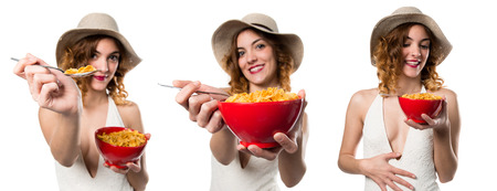Set of Pretty young model woman in swimsuit eating cereals from a bowl