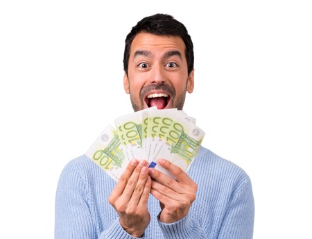 Man with blue sweater taking a lot of money