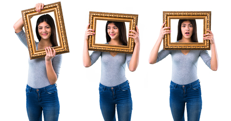 Set of Teenager girl holding a frameworkの写真素材