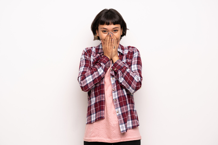 Young woman with short hair smiling a lotの写真素材