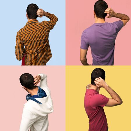 Set of men on back position looking back while scratching headの写真素材