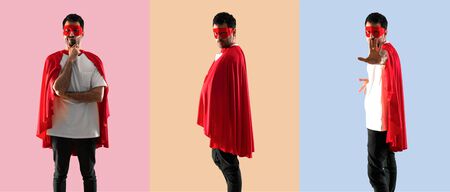 Set of Superhero man with mask and red cape on colorful background
