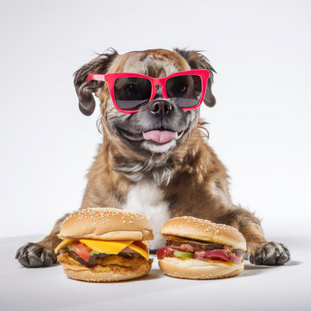 a dog with sunglasses with hamburgersの素材