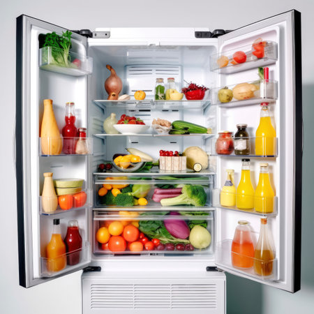 an open refrigerator full of food . Generative AIの素材