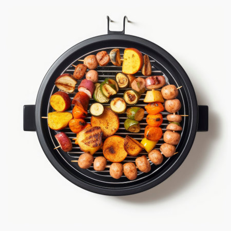 Barbecue grill with grilled vegetables isolated on white background. Top viewの素材