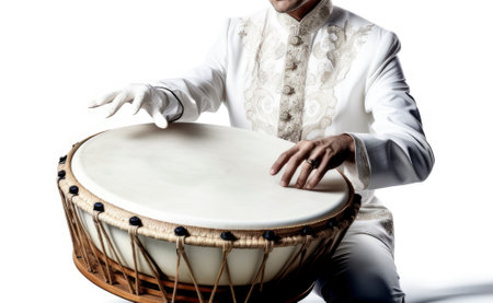 Close-up image of man playing djembe on white backgroundの素材