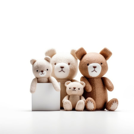 Teddy bear family with blank card isolated on a white background.の素材