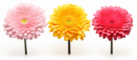 A group of three colorful flowers sitting on top of each otherの素材