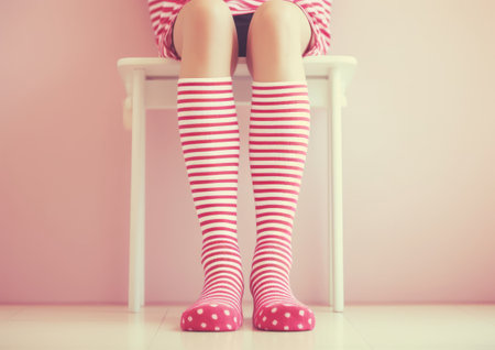 A woman sitting on a white chair wearing pink and white striped socksの素材