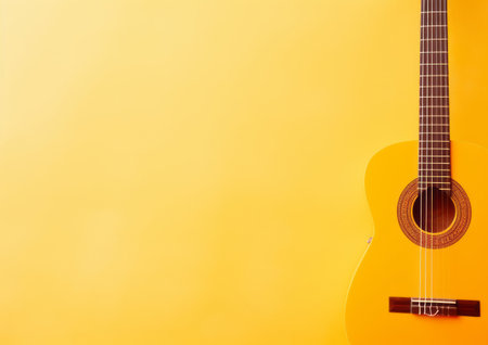 A yellow acoustic guitar against a yellow backgroundの素材