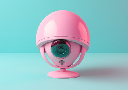 A pink camera sitting on top of a tableの素材