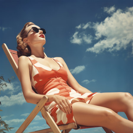 A woman in a bathing suit sitting on a beach chairの素材