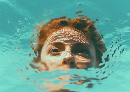 A woman swimming in a pool of waterの素材