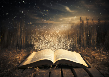 An open book on a wooden table in a fieldの素材