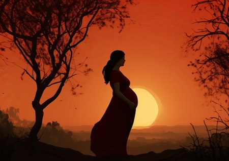 A pregnant woman standing in front of a sunsetの素材