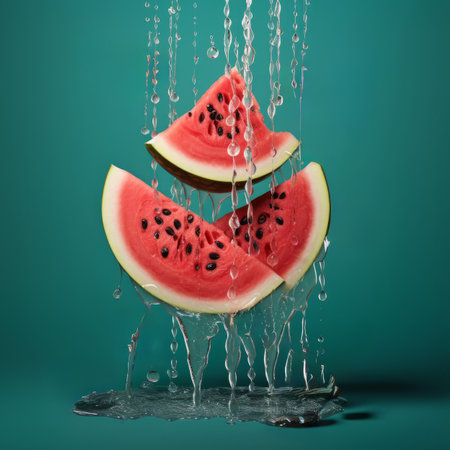 Watermelon slices falling into the water on a green backgroundの素材