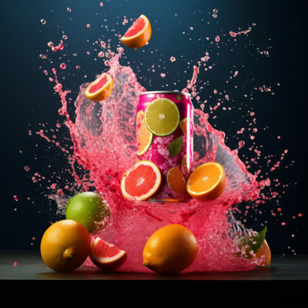 A can of soda with oranges and limes splashing out of itの素材