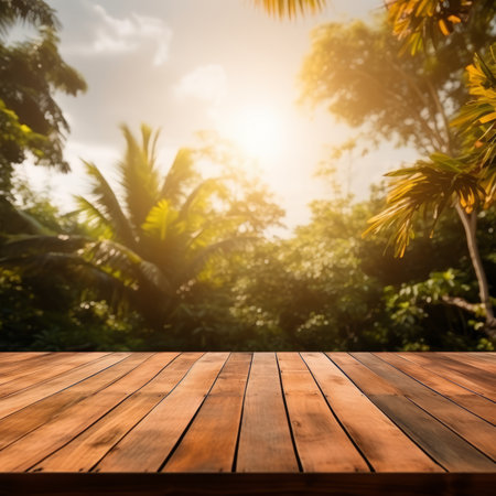 Wood table top on blur nature background - can be used for display or montage your productsの素材