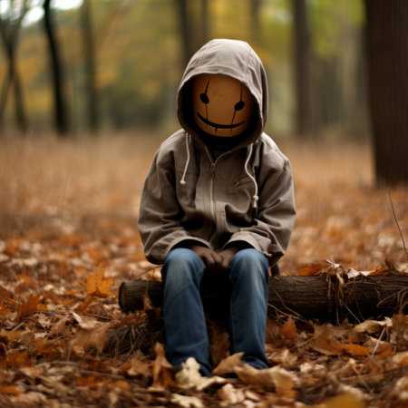 A little boy sitting on a log in the woodsの素材