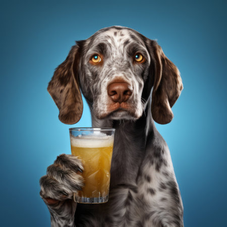 A dog is holding a glass of beerの素材
