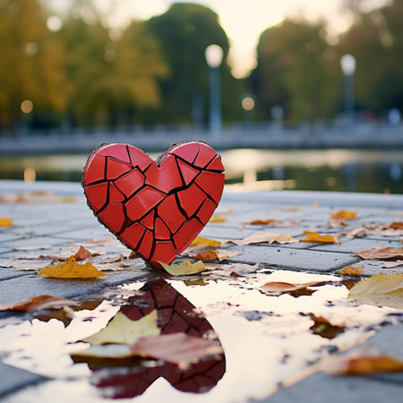 A broken heart sitting on the ground in front of a pondの素材