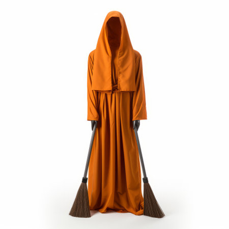 An orange robe and broom on a white backgroundの素材