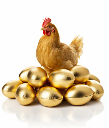 A chicken sitting on top of a pile of golden eggsの素材