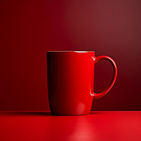 A red coffee cup sitting on top of a red tableの素材